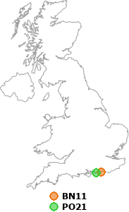 map showing distance between BN11 and PO21