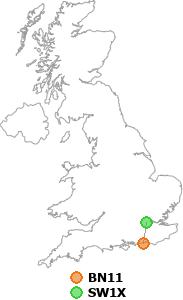 map showing distance between BN11 and SW1X