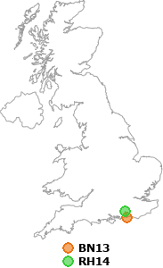 map showing distance between BN13 and RH14