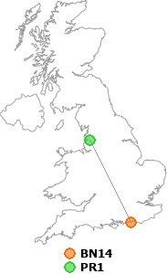 map showing distance between BN14 and PR1