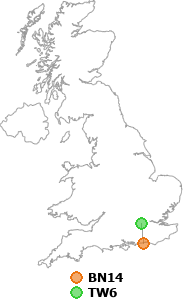 map showing distance between BN14 and TW6