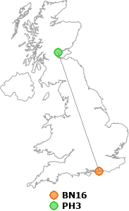 map showing distance between BN16 and PH3