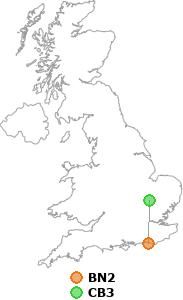 map showing distance between BN2 and CB3