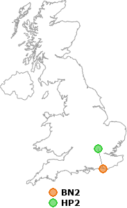 map showing distance between BN2 and HP2
