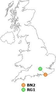 map showing distance between BN2 and RG1