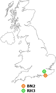 map showing distance between BN2 and RH3