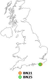 map showing distance between BN21 and BN25