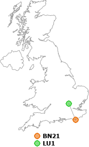 map showing distance between BN21 and LU1