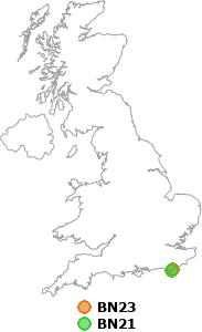 map showing distance between BN23 and BN21