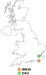 map showing distance between BN26 and DA2