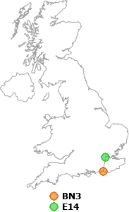 map showing distance between BN3 and E14