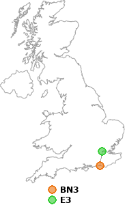 map showing distance between BN3 and E3