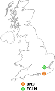 map showing distance between BN3 and EC1N