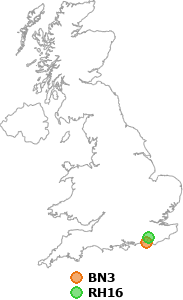 map showing distance between BN3 and RH16