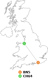 map showing distance between BN5 and CH64