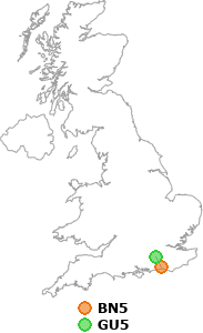 map showing distance between BN5 and GU5