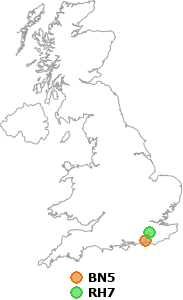 map showing distance between BN5 and RH7