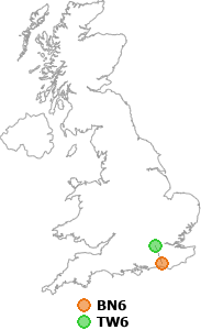 map showing distance between BN6 and TW6