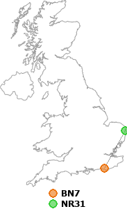 map showing distance between BN7 and NR31