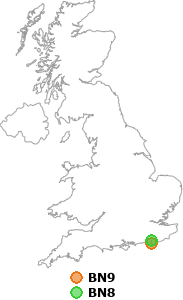 map showing distance between BN9 and BN8