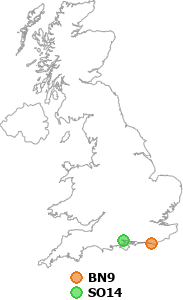 map showing distance between BN9 and SO14