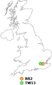 map showing distance between BR2 and TW13