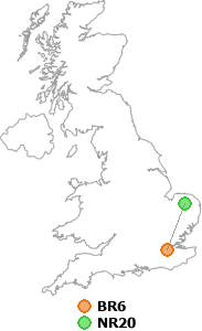 map showing distance between BR6 and NR20
