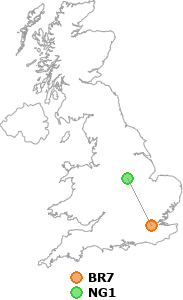 map showing distance between BR7 and NG1