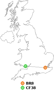 map showing distance between BR8 and CF38