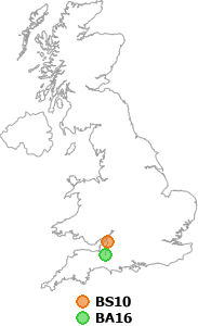 map showing distance between BS10 and BA16