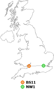 map showing distance between BS11 and NW1