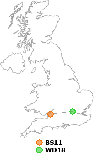 map showing distance between BS11 and WD18