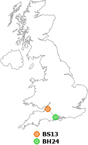 map showing distance between BS13 and BH24