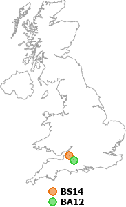 map showing distance between BS14 and BA12