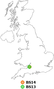 map showing distance between BS14 and BS13