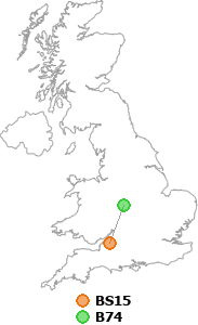 map showing distance between BS15 and B74