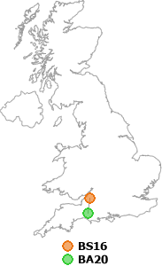 map showing distance between BS16 and BA20