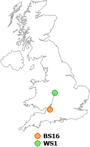 map showing distance between BS16 and WS1