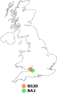 map showing distance between BS20 and BA2