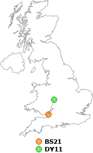 map showing distance between BS21 and DY11
