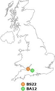 map showing distance between BS22 and BA12