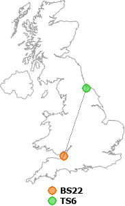 map showing distance between BS22 and TS6