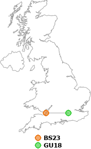 map showing distance between BS23 and GU18
