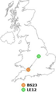 map showing distance between BS23 and LE12
