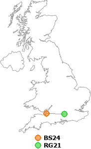 map showing distance between BS24 and RG21