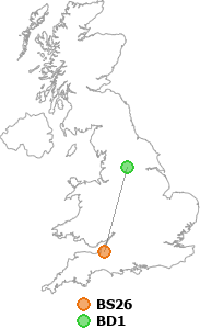 map showing distance between BS26 and BD1