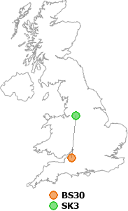 map showing distance between BS30 and SK3