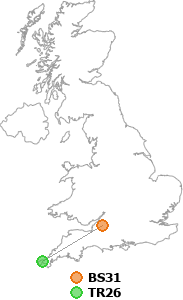 map showing distance between BS31 and TR26