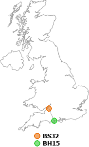 map showing distance between BS32 and BH15