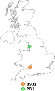 map showing distance between BS32 and PR1